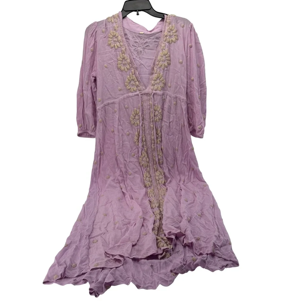Free People Lavender Embroidered Gauze Boho Midi Dress V-Neck Purple 3/4 Sleeve